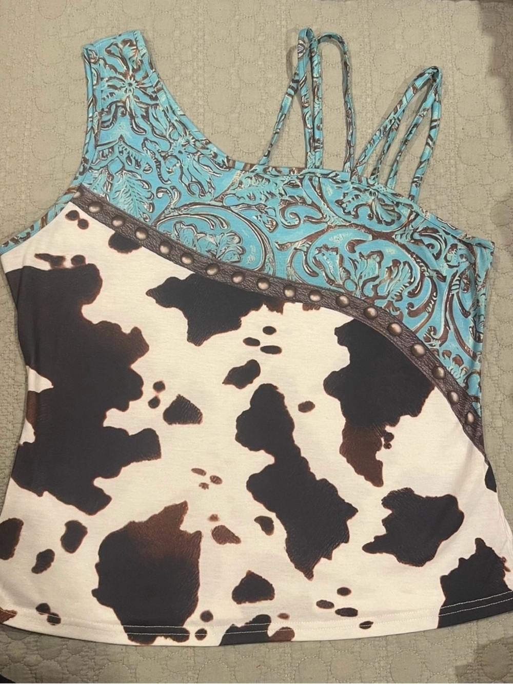 Women’s Blue Paisley & Cowprint Sleeveless Top